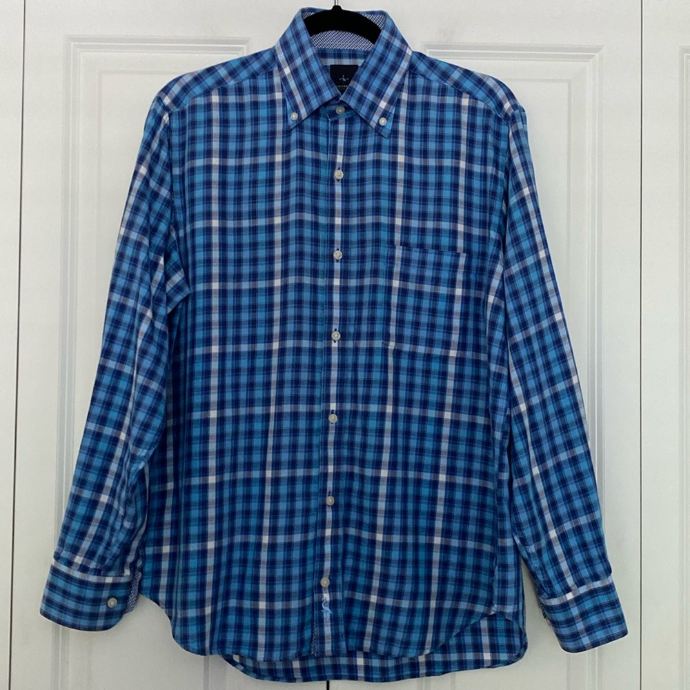 TailorByrd Button Down Gingham Plaid Blue Long Sleeve Shirt Size Medium